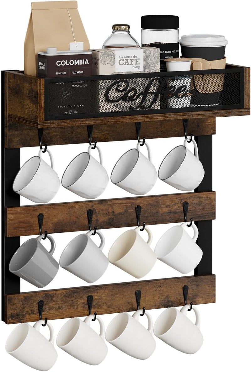 YINMIT Coffee Mug Holder with 12 Hooks, Coffee Cup Holder Wall Mounted with Top Shelf, Mug Organizer for Home Kitchen, Brown - Image 1